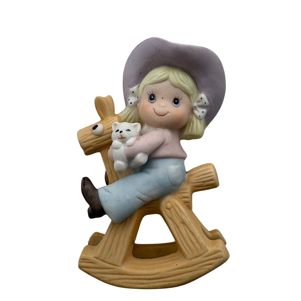 Homco Figurine 1417 Girl on Rocking Horse Cowgirl Cat Ceramic 1980 Vintage Retro